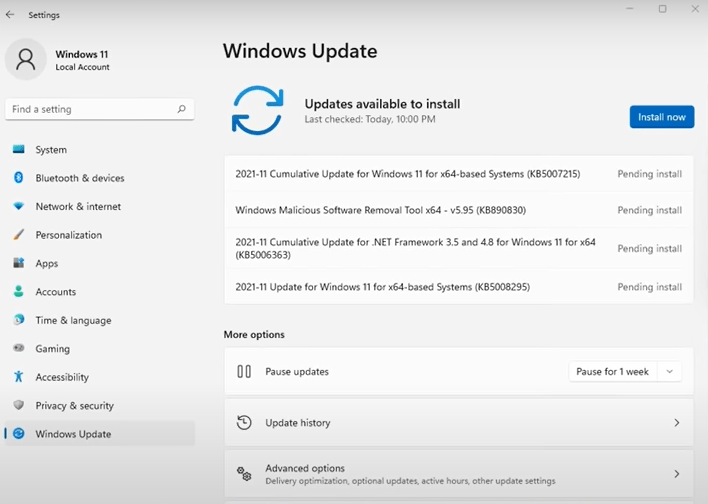 update panel of new Version of windows 11