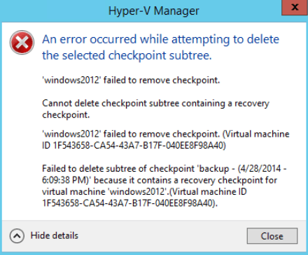 cannot delete checkpoint subtree containing a recovery checkpoint
Catastrophic failure